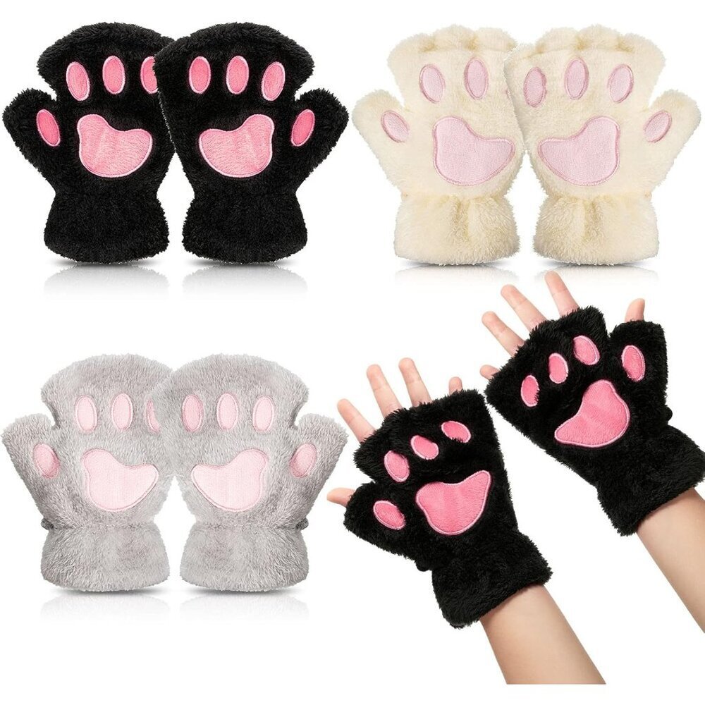3 Pairs Cat Paw Gloves Fur Plush Winter Fingerless Gifts for Girls Women